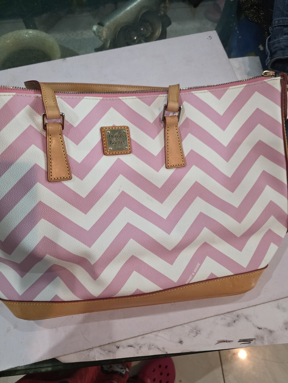 New Dooney & Bourke Pink and White Chevron Leather-Trim Tote